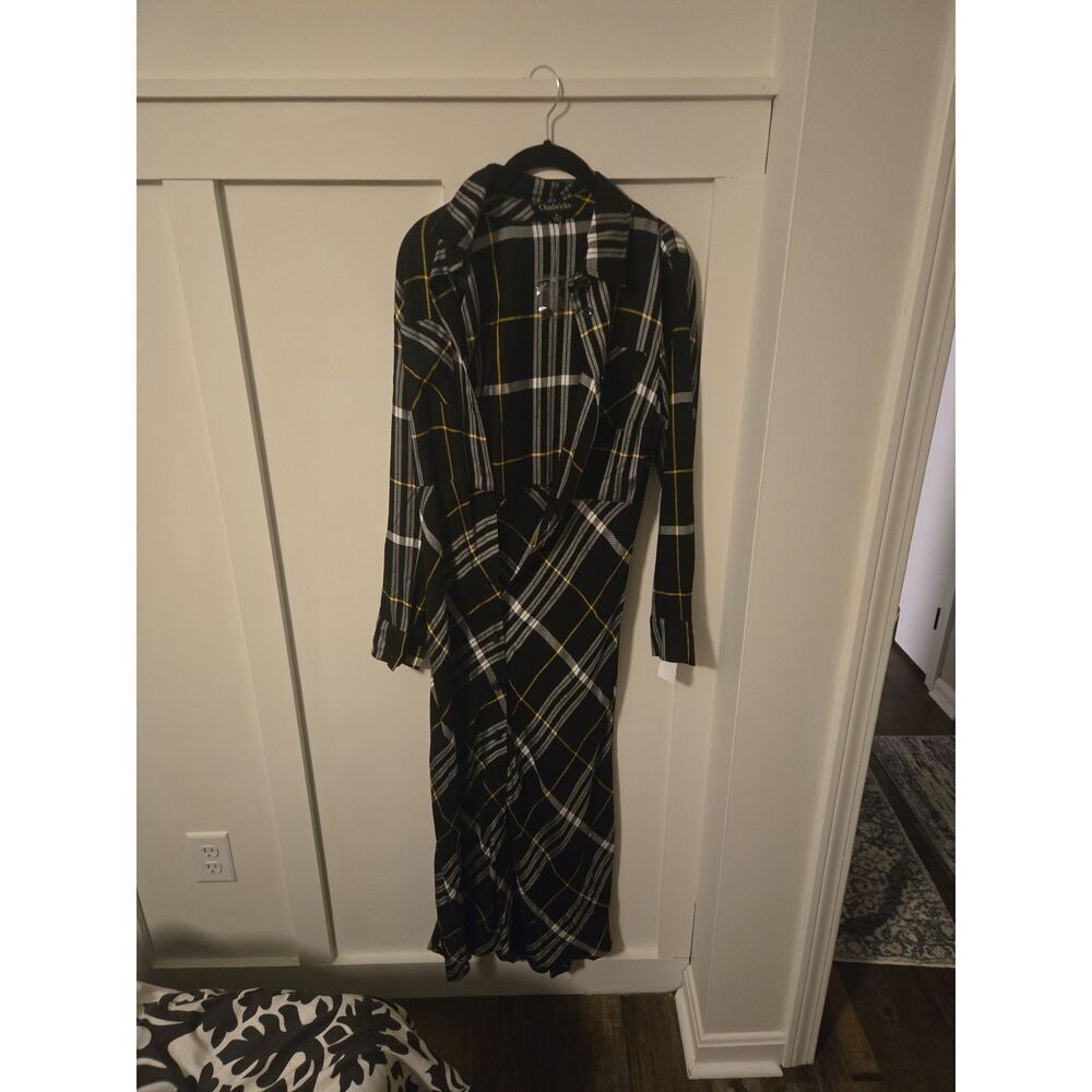 Chadwicks Black and Yellow Plaid Midi Shirt Dress Size 6 - Picture 2 of 3